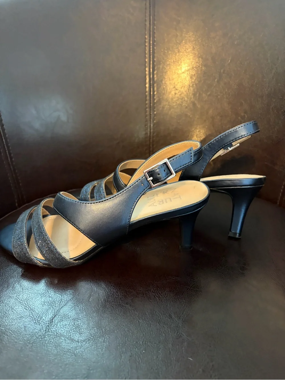Tai Navy Glitter Strap Slingback Heels - Women Shoes size 7 dress wedding